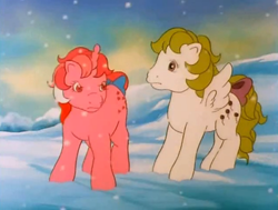 Size: 712x537 | Tagged: safe, screencap, character:galaxy (g1), character:surprise, species:pegasus, species:pony, species:twinkle eyed pony, species:unicorn, episode:baby it's cold outside, g1, bow, duo, snow, tail bow
