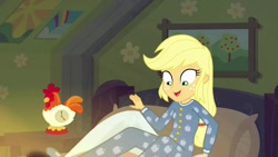 Size: 1280x720 | Tagged: safe, screencap, character:applejack, species:bird, species:rooster, episode:five to nine, g4, my little pony:equestria girls, applejack's bedroom, clock, clothing, happy, onesie, pajamas, smiling, solo