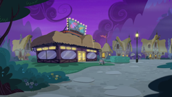 Size: 1920x1080 | Tagged: safe, screencap, episode:the maud couple, g4, my little pony: friendship is magic, background, background house, cottage, diner, mostly cloudy, night, no pony, ponyville, restaurant, streetlight