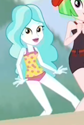Size: 317x471 | Tagged: safe, screencap, character:drama letter, character:paisley, character:watermelody, episode:turf war, g4, my little pony:equestria girls, clothing, cropped, one-piece swimsuit, swimsuit