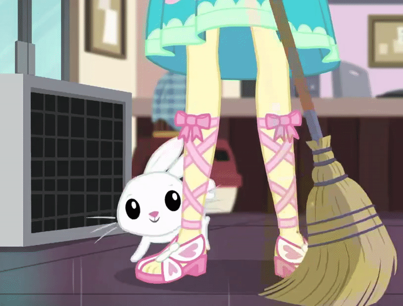 Size: 800x609 | Tagged: safe, screencap, character:angel bunny, character:fluttershy, episode:so much more to me, g4, my little pony:equestria girls, angelbetes, animated, broom, cropped, cute, feet, gif, legs, loop, sandals, solo, toes