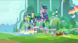 Size: 1440x809 | Tagged: safe, screencap, character:chancellor neighsay, character:derpy hooves, character:dizzy twister, character:gallus, character:grampa gruff, character:ocellus, character:orange swirl, character:parasol, character:prince rutherford, character:princess ember, character:seaspray, character:spring melody, character:sprinkle medley, character:starlight glimmer, character:thorax, character:twilight sparkle, character:twilight sparkle (alicorn), character:white lightning, character:yona, species:alicorn, species:changeling, species:dragon, species:griffon, species:hippogriff, species:pony, species:reformed changeling, species:yak, episode:school daze, g4, my little pony: friendship is magic, background pony, changeling mega evolution, discovery family logo, female, fleeing, impending disaster, male, school of friendship