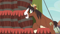 Size: 1366x768 | Tagged: safe, screencap, character:trouble shoes, species:pony, episode:appleoosa's most wanted, g4, my little pony: friendship is magic, barrel, cute, excited, happy, horse, male, smiling, solo, stallion, troublebetes