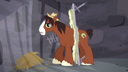 Size: 1366x768 | Tagged: safe, screencap, character:trouble shoes, episode:appleoosa's most wanted, g4, my little pony: friendship is magic, bed, cute, frown, hay, jail, madorable, male, prison, solo, troublebetes, unhappy, upset