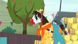Size: 1366x768 | Tagged: safe, screencap, character:trouble shoes, species:earth pony, species:pony, episode:appleoosa's most wanted, g4, my little pony: friendship is magic, apple tree, clothing, clown, clown nose, cute, hat, makeup, male, open mouth, rodeo, rodeo clown, stallion, tree, troublebetes, worried