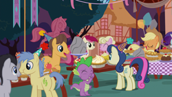 Size: 1920x1080 | Tagged: safe, screencap, character:applejack, character:bon bon, character:caramel, character:daisy, character:goldengrape, character:millie, character:rarity, character:roseluck, character:spike, character:sweetie drops, species:dragon, species:earth pony, species:pony, episode:the maud couple, g4, my little pony: friendship is magic, chewing, eating, female, food, male, mare, pie, pies, stallion