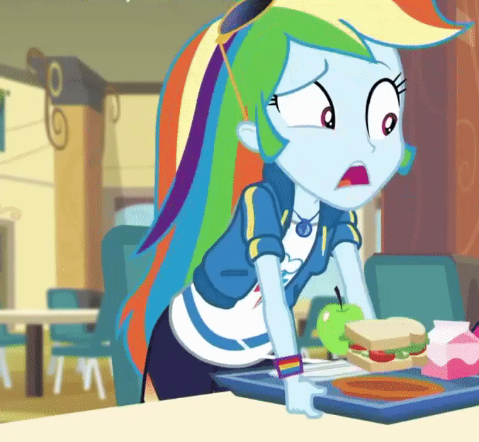 Size: 676x624 | Tagged: safe, screencap, character:rainbow dash, episode:the last day of school, g4, my little pony:equestria girls, animated, animation error, apple, food, geode of super speed, magical geodes, sandwich, solo, sunglasses
