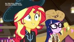 Size: 1280x720 | Tagged: safe, screencap, character:sunset shimmer, character:twilight sparkle, character:twilight sparkle (scitwi), species:eqg human, episode:five to nine, g4, my little pony:equestria girls, cowgirl, cute, duo, female, shimmerbetes, smiling, twiabetes