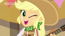 Size: 1280x720 | Tagged: safe, screencap, character:applejack, episode:five to nine, g4, my little pony:equestria girls, clothing, cowboy hat, cowgirl, cute, guitar, hat, jackabetes, one eye closed, open mouth, stetson, wink