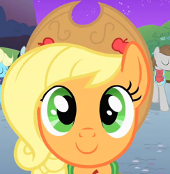 Size: 500x512 | Tagged: safe, screencap, character:applejack, species:earth pony, species:pony, episode:the best night ever, g4, my little pony: friendship is magic, cropped, cute, female, jackabetes, looking at you, mare, reaction image