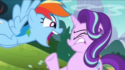 Size: 1136x640 | Tagged: safe, screencap, character:rainbow dash, character:starlight glimmer, episode:no second prances, g4, my little pony: friendship is magic, say it don't spray it, spit, spitting