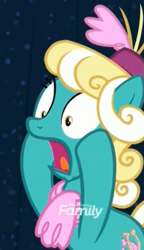Size: 509x884 | Tagged: safe, screencap, species:earth pony, species:pony, episode:fake it 'til you make it, background pony, cropped, discovery family logo, female, honey curls, mare, mare e. lynn, screaming, solo