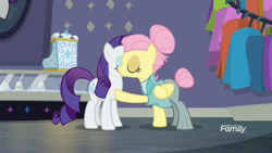 Size: 1920x1080 | Tagged: safe, screencap, character:fluttershy, character:rarity, species:pegasus, species:pony, species:unicorn, episode:fake it 'til you make it, air kiss, clothing, discovery family logo, duo, eyes closed, female, hair bun, kiss on the cheek, kissing, la bise, mare, platonic kiss, raised hoof, rarity for you, severeshy