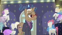 Size: 1920x1080 | Tagged: safe, screencap, species:pony, species:unicorn, episode:fake it 'til you make it, bracer britches, business suit, clothing, glasses, male, mannequin, necktie, ponyquin, rarity for you, solo, stallion, suit, tim gunn