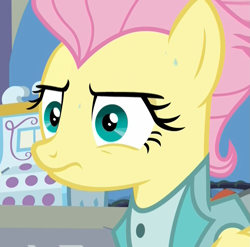 Size: 1093x1080 | Tagged: safe, screencap, character:fluttershy, species:pony, episode:fake it 'til you make it, :s, cash register, cropped, nervous, rarity for you, reaction image, severeshy, solo, sweat, wavy mouth, wide eyes
