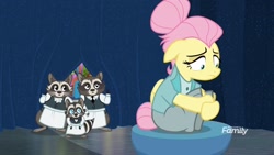 Size: 1366x768 | Tagged: safe, screencap, character:fluttershy, species:pegasus, species:pony, episode:fake it 'til you make it, alternate hairstyle, animal, clothing, female, fetal position, hair bun, mare, raccoon, severeshy, smoky, smoky jr., softpad