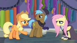 Size: 1366x768 | Tagged: safe, screencap, character:applejack, character:fluttershy, character:neigh sayer, episode:fake it 'til you make it, fluttergoth, goth