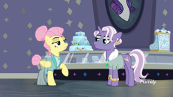 Size: 1920x1080 | Tagged: safe, screencap, character:fluttershy, species:pegasus, species:pony, species:unicorn, episode:fake it 'til you make it, bun, clothing, display case, duo, ear piercing, earring, female, hair bun, jewelry, mare, old money, pearl ring, piercing, raised hoof, rarity for you, severeshy, shirt