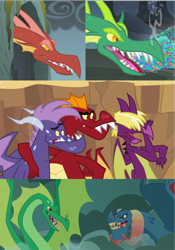 Size: 1363x1948 | Tagged: safe, screencap, character:basil, character:dragon lord torch, character:garble, species:dragon, episode:campfire tales, episode:dragon quest, episode:dragonshy, episode:owl's well that ends well, g4, my little pony: friendship is magic, .svg available, collage, cropped, fume, hoard, reginald, smoke, spear (dragon), spread wings, svg, teenaged dragon, unnamed dragon, vector, vex, wings
