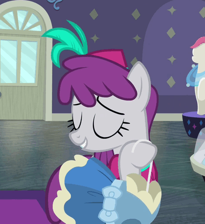 Size: 419x456 | Tagged: safe, screencap, character:pinot noir, species:pony, episode:fake it 'til you make it, animated, clothing, cropped, cute, dress, gif, happy, solo