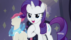 Size: 1280x720 | Tagged: safe, screencap, character:pursey pink, character:rarity, species:pony, episode:fake it 'til you make it, animated, bgm, close-up, clothing, eye, eyes, eyeshadow, magic, magic glow, makeup, mannequin, music, narrowed eyes, sound, squint, talking, webm
