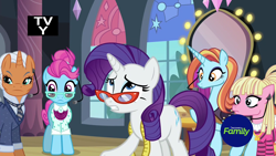 Size: 1920x1080 | Tagged: safe, screencap, character:bleeding heart, character:blue bobbin, character:rarity, character:sassy saddles, character:starke kragen, episode:fake it 'til you make it, discovery family logo, tv-y