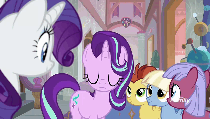 Size: 848x480 | Tagged: safe, screencap, character:lemon crumble, character:rarity, character:starlight glimmer, species:pony, species:unicorn, episode:fake it 'til you make it, animated, background pony, colt, female, filly, friendship student, gooseberry, head shake, male, mare, water spout