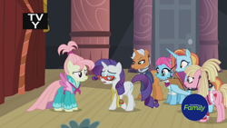 Size: 1920x1080 | Tagged: safe, screencap, character:bleeding heart, character:blue bobbin, character:rarity, character:sassy saddles, character:starke kragen, episode:fake it 'til you make it, clothing, discovery family logo, dress, glasses, measuring tape, not fluttershy, tv rating, tv-y