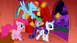 Size: 1280x720 | Tagged: safe, screencap, character:pinkie pie, character:rainbow dash, character:rarity, character:spike, species:dragon, species:earth pony, species:pegasus, species:pony, species:unicorn, episode:the ticket master, g4, my little pony: friendship is magic, early installment weirdness, gala ticket, magic, telekinesis, ticket