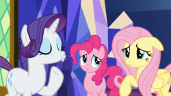 Size: 1920x1080 | Tagged: safe, screencap, character:fluttershy, character:pinkie pie, character:rarity, episode:school daze, g4, my little pony: friendship is magic, duckface, spit, twilight's castle