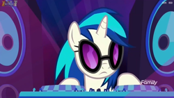 Size: 1920x1080 | Tagged: safe, screencap, character:dj pon-3, character:vinyl scratch, species:pony, species:unicorn, episode:fake it 'til you make it, discovery family logo, female, refusal, solo, speaker, sunglasses, turntable
