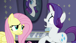Size: 1920x1080 | Tagged: safe, screencap, character:fluttershy, character:rarity, species:pegasus, species:pony, species:unicorn, episode:fake it 'til you make it, cute, duo, female, looking at each other, mare, open mouth, rarity for you, sad, scared, shyabetes