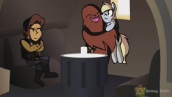 Size: 1334x750 | Tagged: safe, artist:harmony studios, screencap, character:derpy hooves, species:pony, chewbacca, crossover, derpy's delivery, han solo, holding a pony, hug, mos eisley cantina, not impressed, one eye closed, smiling, star wars, table, unamused, window, wink