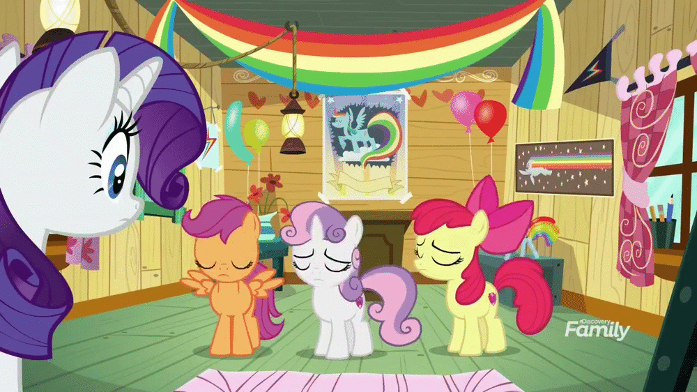 Size: 1000x562 | Tagged: safe, screencap, character:apple bloom, character:rainbow dash, character:rarity, character:scootaloo, character:sweetie belle, species:earth pony, species:pegasus, species:pony, species:unicorn, episode:fake it 'til you make it, animated, balloon, clubhouse, crusaders clubhouse, cutie mark crusaders, female, filly, head shake, poster, treehouse