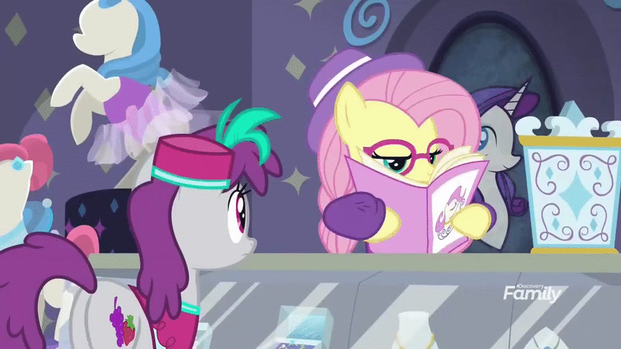 Size: 900x506 | Tagged: safe, screencap, character:fluttershy, character:pinot noir, character:rarity, species:earth pony, species:pegasus, species:pony, episode:fake it 'til you make it, animated, background pony, cash register, counter, display case, duo, female, hipstershy, mannequin, mare