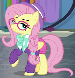 Size: 580x600 | Tagged: safe, screencap, character:fluttershy, species:pegasus, species:pony, episode:fake it 'til you make it, clothing, cropped, female, glasses, hipstershy, hot pants, lidded eyes, mare, raised hoof, solo