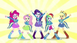 Size: 1280x720 | Tagged: safe, screencap, character:applejack, character:fluttershy, character:pinkie pie, character:rainbow dash, character:rarity, my little pony:equestria girls, clothing, helping twilight win the crown, looking at you, pose, singing, sweater, sweatershy, wondercolts uniform