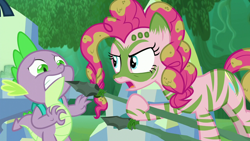 Size: 1280x720 | Tagged: safe, screencap, character:pinkie pie, character:spike, species:dragon, species:earth pony, species:pony, episode:the cutie re-mark, alternate timeline, bodypaint, chrysalis resistance timeline, female, male, mare, mud, muddy, scared, spear, stone spear, tribal pie, war paint, weapon