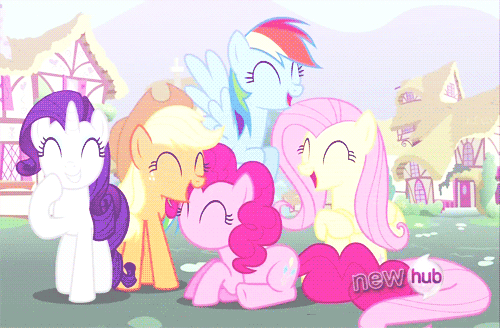 Size: 500x328 | Tagged: safe, screencap, character:applejack, character:fluttershy, character:pinkie pie, character:rainbow dash, character:rarity, episode:magic duel, g4, my little pony: friendship is magic, animated, laughingmares.jpg, no mouth, no nose