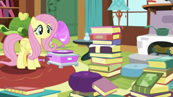 Size: 1280x720 | Tagged: safe, screencap, character:fluttershy, species:pony, episode:fluttershy leans in, g4, my little pony: friendship is magic, book, fluttershy's cottage, gramophone, solo