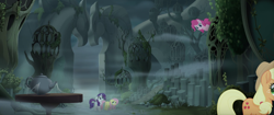 Size: 1920x804 | Tagged: safe, screencap, character:applejack, character:fluttershy, character:pinkie pie, character:rarity, species:earth pony, species:pegasus, species:pony, species:unicorn, my little pony: the movie (2017), columnar basalt, fog, gate, happy, hippogriffia, mount aris, scared, spider web, teapot
