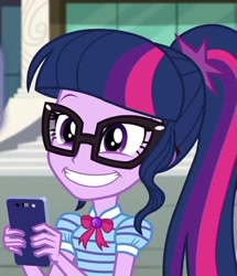 Size: 620x720 | Tagged: safe, screencap, character:twilight sparkle, character:twilight sparkle (scitwi), species:eqg human, episode:text support, g4, my little pony:equestria girls, big smile, bow tie, cellphone, cropped, cute, female, geode of telekinesis, glasses, magical geodes, phone, ponytail, smartphone, smiling, solo, twiabetes