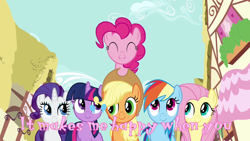 Size: 1280x720 | Tagged: safe, screencap, character:applejack, character:fluttershy, character:pinkie pie, character:rainbow dash, character:rarity, character:twilight sparkle, species:pony, episode:a friend in deed, g4, my little pony: friendship is magic, cutie mark, karaoke, mane six, sing along, smile song, text