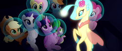 Size: 1920x804 | Tagged: safe, screencap, character:applejack, character:fluttershy, character:pinkie pie, character:princess skystar, character:rainbow dash, character:rarity, character:spike, character:twilight sparkle, character:twilight sparkle (alicorn), species:alicorn, species:dragon, species:earth pony, species:pegasus, species:pony, species:seapony (g4), species:unicorn, my little pony: the movie (2017), bubble, bubble helmet, bubble on head, female, glow, mare