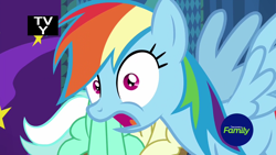 Size: 1920x1080 | Tagged: safe, screencap, character:bon bon, character:lyra heartstrings, character:rainbow dash, character:sweetie drops, episode:grannies gone wild, g4, my little pony: friendship is magic, discovery family logo, photobomb