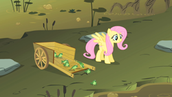 Size: 1280x720 | Tagged: safe, screencap, character:fluttershy, species:pegasus, species:pony, episode:feeling pinkie keen, g4, my little pony: friendship is magic, cart, female, frog, froggy bottom bog, mare, swamp