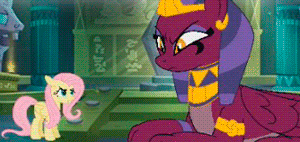 Size: 300x142 | Tagged: safe, gameloft, screencap, character:fluttershy, character:sphinx, species:pegasus, species:pony, species:sphinx, animated, ear twitch, female, gif, gif for breezies, headdress, mare, picture for breezies, stare, the stare