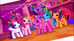 Size: 1280x720 | Tagged: safe, screencap, character:cheerilee (g3), character:pinkie pie (g3), character:rainbow dash (g3), character:scootaloo (g3), character:starsong, character:sweetie belle (g3), character:toola roola (g3), g3, core seven