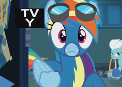 Size: 850x604 | Tagged: safe, screencap, character:fleetfoot, character:rainbow dash, species:pegasus, species:pony, episode:grannies gone wild, g4, my little pony: friendship is magic, clothing, cute, dashabetes, duffle bag, duo, female, goggles, locker room, lockers, looking at you, mare, uniform, wonderbolts uniform