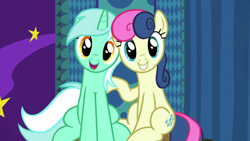 Size: 1920x1080 | Tagged: safe, screencap, character:bon bon, character:lyra heartstrings, character:sweetie drops, species:earth pony, species:pony, species:unicorn, episode:grannies gone wild, g4, my little pony: friendship is magic, adorabon, best friends, booth, cute, duo, duo female, female, grin, head tilt, looking at you, lyrabetes, mare, open mouth, raised hoof, sitting, smiling, squee
